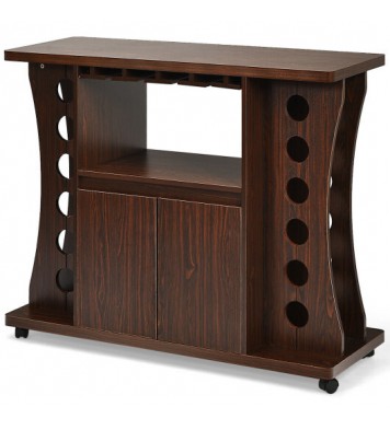 Rolling Buffet Sideboard Wooden Bar Storage Cabinet-Walnut