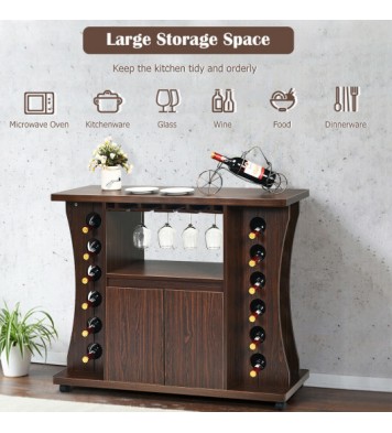 Rolling Buffet Sideboard Wooden Bar Storage Cabinet-Walnut