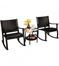 3 Pieces Patio Rattan Furniture Set with Coffee Table and Rocking Chairs