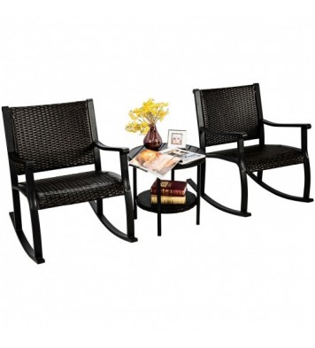 3 Pieces Patio Rattan Furniture Set with Coffee Table and Rocking Chairs