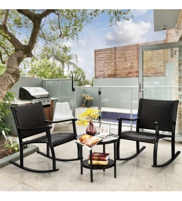 3 Pieces Patio Rattan Furniture Set with Coffee Table and Rocking Chairs