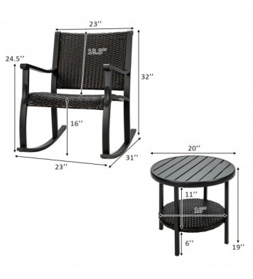 3 Pieces Patio Rattan Furniture Set with Coffee Table and Rocking Chairs