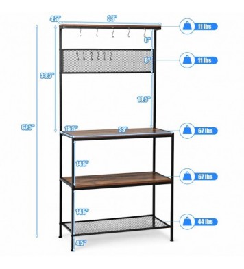 4-Tier Kitchen Rack Stand with Hooks and Mesh Panel