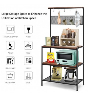 4-Tier Kitchen Rack Stand with Hooks and Mesh Panel