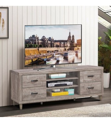 Retro Wooden TV Stand with 3 Open Shelves and 4 Drawers