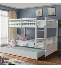 Full over Full Bunk Bed Platform Wood Bed with Ladder-White