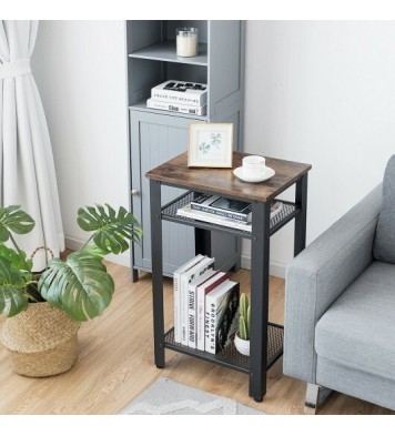 3-Tier Industrial End Table with Metal Mesh Storage Shelves