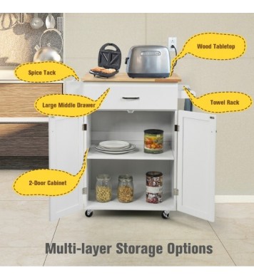 Utility Rolling Storage Cabinet Kitchen Island Cart with Spice Rack-Brown