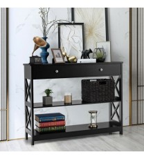 3-Tier Console Table with Drawers for Living Room Entryway-Black