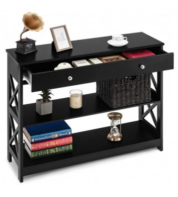 3-Tier Console Table with Drawers for Living Room Entryway-Black