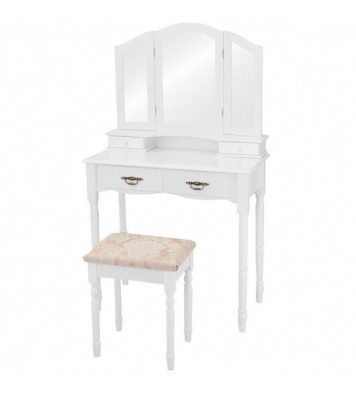 Simple Vanity Set with Tri-Folding Mirror Drawers and Storage Shelf-White