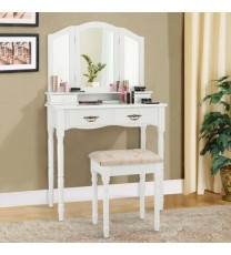 Simple Vanity Set with Tri-Folding Mirror Drawers and Storage Shelf-White