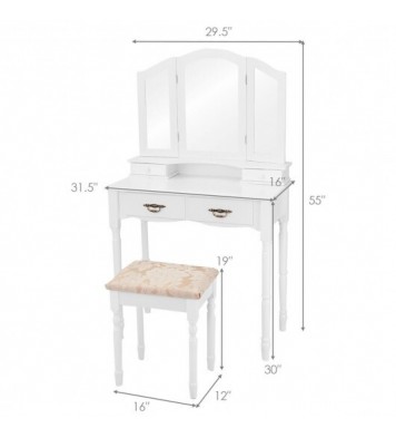 Simple Vanity Set with Tri-Folding Mirror Drawers and Storage Shelf-White