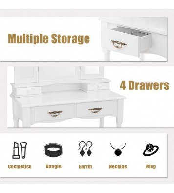 Simple Vanity Set with Tri-Folding Mirror Drawers and Storage Shelf-White