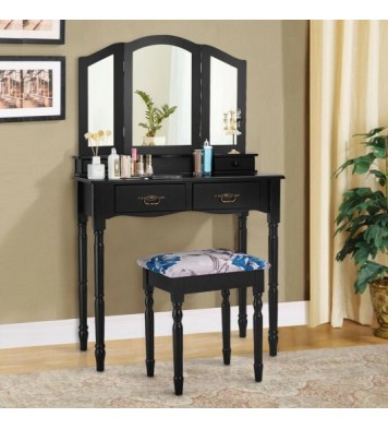 Simple Vanity Set with Tri-Folding Mirror Drawers and Storage Shelf-White