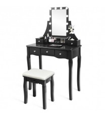 10 Dimmable Light Bulbs Vanity Dressing Table with 2 Dividers and Cushioned Stool-Black