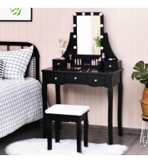 10 Dimmable Light Bulbs Vanity Dressing Table with 2 Dividers and Cushioned Stool-Black