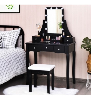 10 Dimmable Light Bulbs Vanity Dressing Table with 2 Dividers and Cushioned Stool-Black