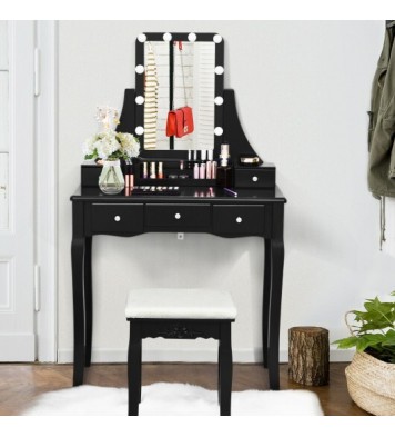 10 Dimmable Light Bulbs Vanity Dressing Table with 2 Dividers and Cushioned Stool-Black