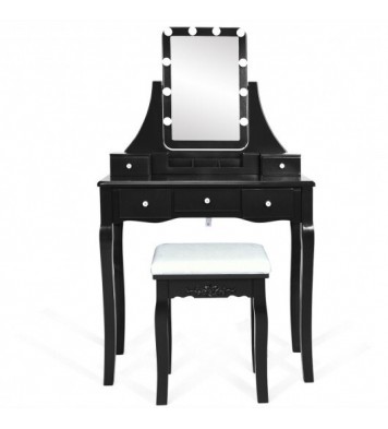 10 Dimmable Light Bulbs Vanity Dressing Table with 2 Dividers and Cushioned Stool-Black