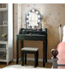 Makeup Dressing Table with Touch Switch Lighted Mirror and Cushioned Stool-Black