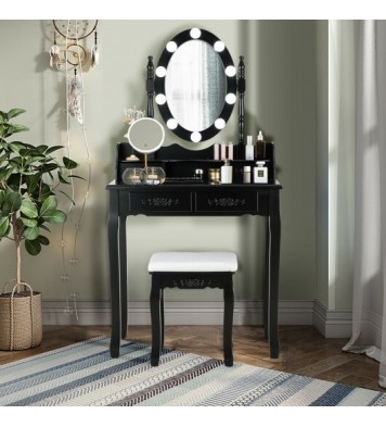 Makeup Dressing Table with Touch Switch Lighted Mirror and Cushioned Stool-Black