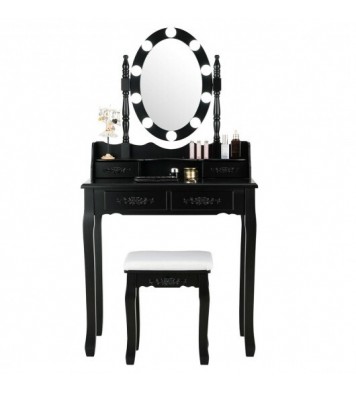 Makeup Dressing Table with Touch Switch Lighted Mirror and Cushioned Stool-Black