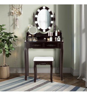 Makeup Dressing Table with Touch Switch Lighted Mirror and Cushioned Stool-Black