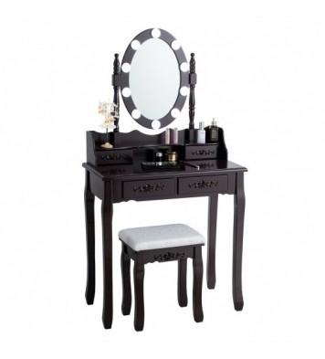 Makeup Dressing Table with Touch Switch Lighted Mirror and Cushioned Stool-Black