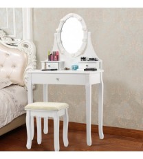 3 Drawers Lighted Mirror Vanity Dressing Table Stool Set-Black