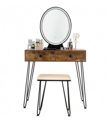 Industrial Makeup Dressing Table with 3 Lighting Modes-Walnut