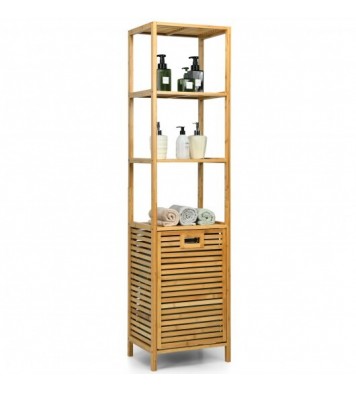 Bamboo Tower Hamper Organizer with 3-Tier Storage Shelves-Natural