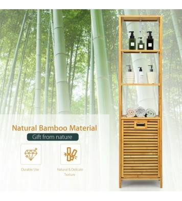 Bamboo Tower Hamper Organizer with 3-Tier Storage Shelves-Natural