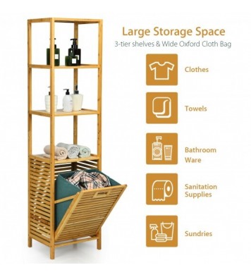 Bamboo Tower Hamper Organizer with 3-Tier Storage Shelves-Natural