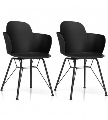 Set of 2 Metal Frame Modern Petal-Shape Plastic Dining Chairs-Black