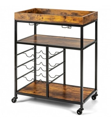 3-Tier Wood Rolling Kitchen Serving Cart with 9 Wine Bottles Rack Metal Frame-Rustic Brown