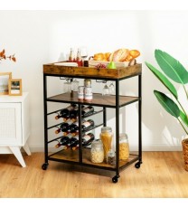 3-Tier Wood Rolling Kitchen Serving Cart with 9 Wine Bottles Rack Metal Frame-Rustic Brown