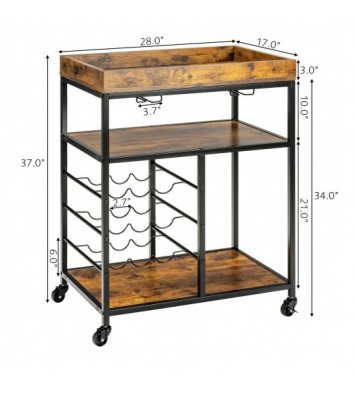 3-Tier Wood Rolling Kitchen Serving Cart with 9 Wine Bottles Rack Metal Frame-Rustic Brown