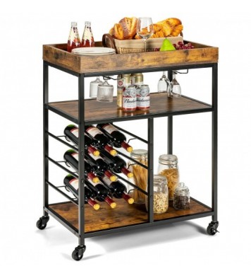 3-Tier Wood Rolling Kitchen Serving Cart with 9 Wine Bottles Rack Metal Frame-Rustic Brown