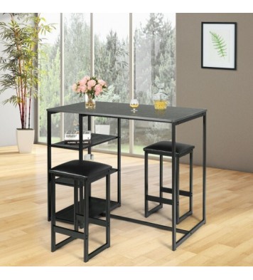 3 pcs Dining Set with Faux Marble Top Table and 2 Stools-Black