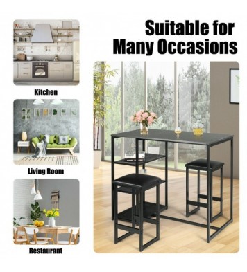 3 pcs Dining Set with Faux Marble Top Table and 2 Stools-Black