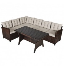 3 Pieces Hand-Woven Rattan Outdoor Sofa Set with Dining Table