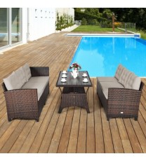 3 Pieces Hand-Woven Rattan Outdoor Sofa Set with Dining Table