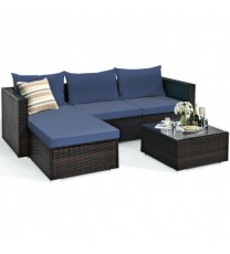 5 Pieces Patio Rattan Sectional Furniture Set with Cushions and Coffee Table -Navy