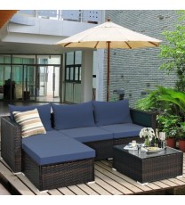 5 Pieces Patio Rattan Sectional Furniture Set with Cushions and Coffee Table -Navy