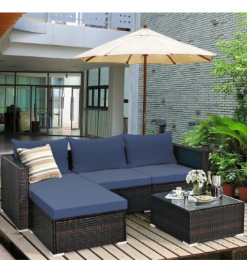 5 Pieces Patio Rattan Sectional Furniture Set with Cushions and Coffee Table -Navy