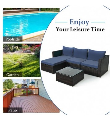 5 Pieces Patio Rattan Sectional Furniture Set with Cushions and Coffee Table -Navy