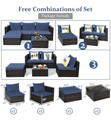 5 Pieces Patio Rattan Sectional Furniture Set with Cushions and Coffee Table -Navy