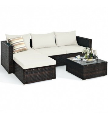 5 Pieces Patio Rattan Sectional Furniture Set with Cushions and Coffee Table -Navy