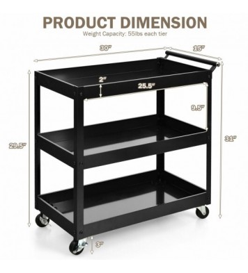 3-Tier Utility Cart Metal Mental Storage Service Trolley-Black